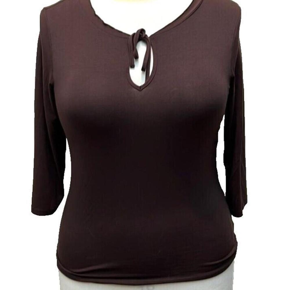 Banana Republic XL Womens Blouse Brown Tie Neck 3/4 Sleeve Stretch